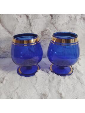Vintage Cobalt and Gold Trim 8 oz. Brandy Snifters Set of 2 Flawless